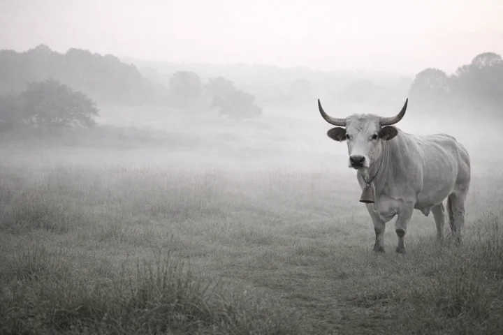 Boškarin cattle standing in a field softened by morning mist