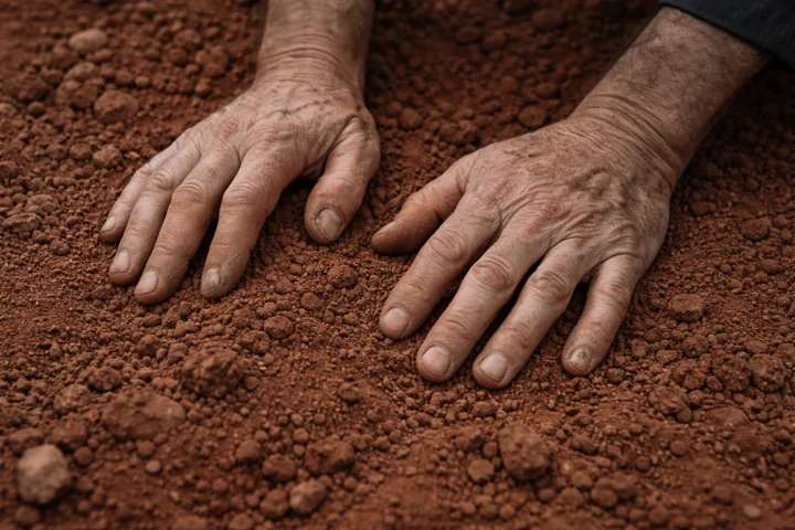 Two weathered hands resting on red soil