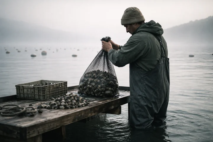 A person gathering a bag of shellfish beside the water