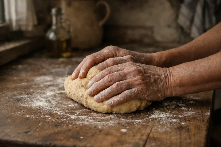 Hands kneading bread dough on a flour-dusted wooden table
