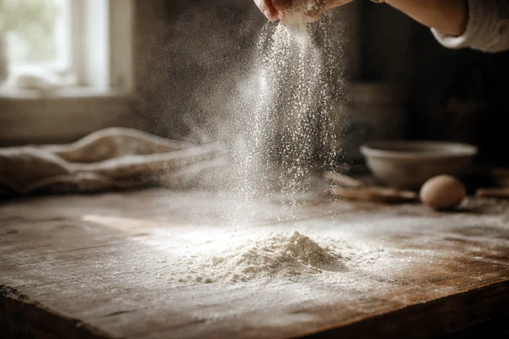 Flour falling from a hand onto a wooden work surface